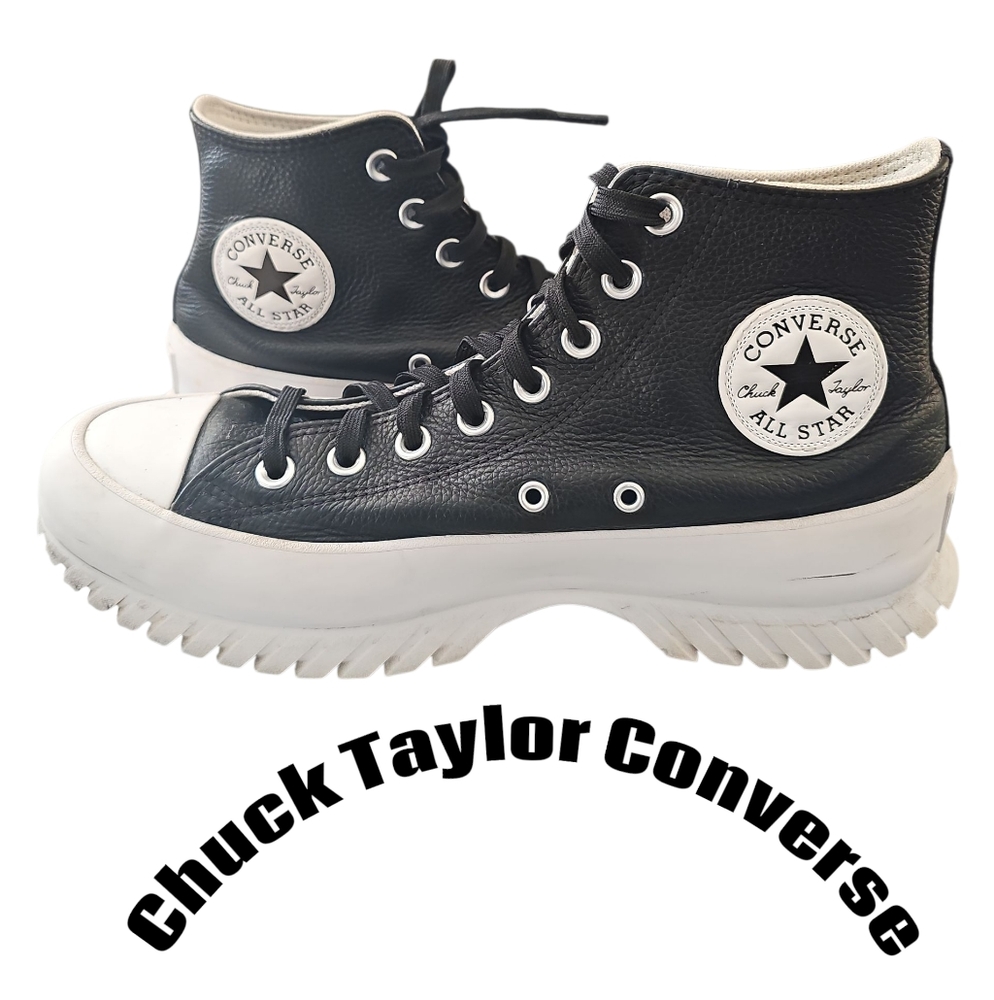Converse Chuck Taylor Black and White Leather Chunky High-Tops W Sz10.5 M Sz8.5